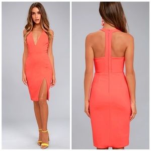 Lulus Aglow Neon Coral Bodycon Midi Dress